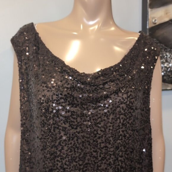 Vintage Full Sequin Cocktail Dress Sleeveless Cowl Formal Plus Size 24 Brown - Picture 2 of 10